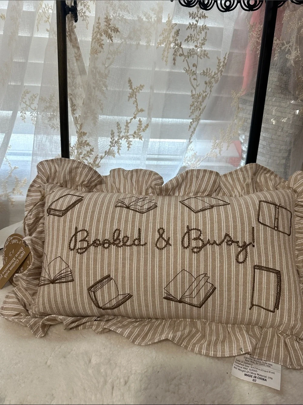 Moss & Willow “booked & busy!” Embroidered pillow decor